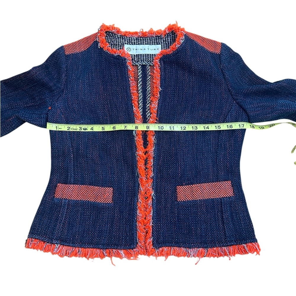 Trina Turk Mitra Pop Tweed Jacket Navy & Orange, silk cotton, fits like small - Picture 8 of 9